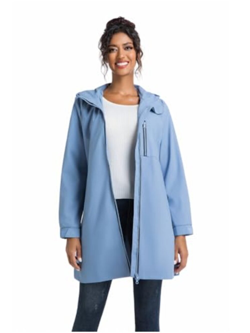Women's Waterproof Long Raincoat with Fixed Hood Lightweight Trench Jacket